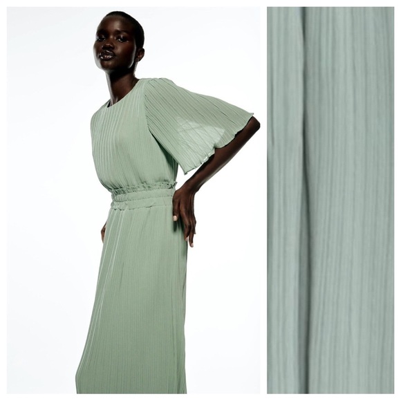 NWT. Zara Sea Green Pleated Midi Dress. Size S. - Picture 2 of 9